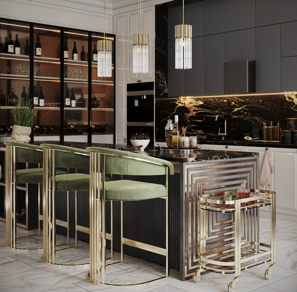 Contemporary Glass Tube Pendant Light A luxurious modern kitchen features a black and gold island with a matching bar cart and three green velvet barstools with gold frames. The backdrop includes sleek black and gold cabinets, open shelves displaying wine bottles, and elegant Contemporary Glass Tube Pendant Lights hanging above.