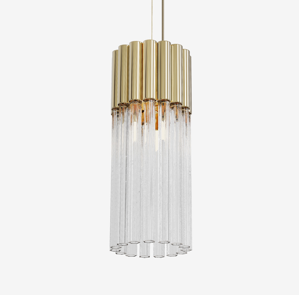Contemporary Glass Tube Pendant Light The Contemporary Glass Tube Pendant Light showcases a tiered design, highlighted by a gold metallic top and cascading clear glass rods that form a sleek cylindrical shape. This elegant and modern fixture creates a striking contrast against a white background.