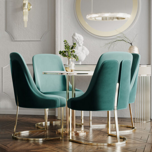 A modern dining room features a round glass table surrounded by four High End Contemporary Dining Chairs upholstered in teal with gold legs and bases. A decorative white wall sculpture and a potted plant adorn a white sideboard. The room is completed with herringbone wooden flooring and elegant light fixtures.
