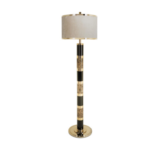 Luxury Marble Floor Lamp Introducing the Luxury Marble Floor Lamp, featuring a cylindrical shade and a striped pole alternating between black and gold sections. Some of the gold sections are adorned with a marbled pattern. Both the base and shade come in a neutral beige color, offering a contemporary and elegant design.