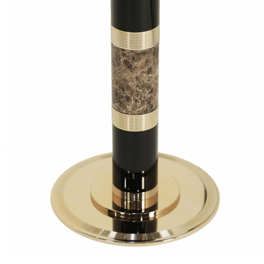 Luxury Marble Floor Lamp Here's a close-up of the Luxury Marble Floor Lamp, showcasing its gold base and black column adorned with marble accents. The stand also features two gold rings that frame the marble section, adding an elegant touch to its design.