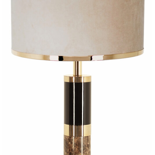 Luxury Marble Floor Lamp The Luxury Marble Floor Lamp features a beige cylindrical lampshade paired with golden accents and a three-part base. The base showcases alternating sections of black and marbled brown, separated by gold bands, creating an elegant modern design inspired by marble floors, perfect for sophisticated spaces.