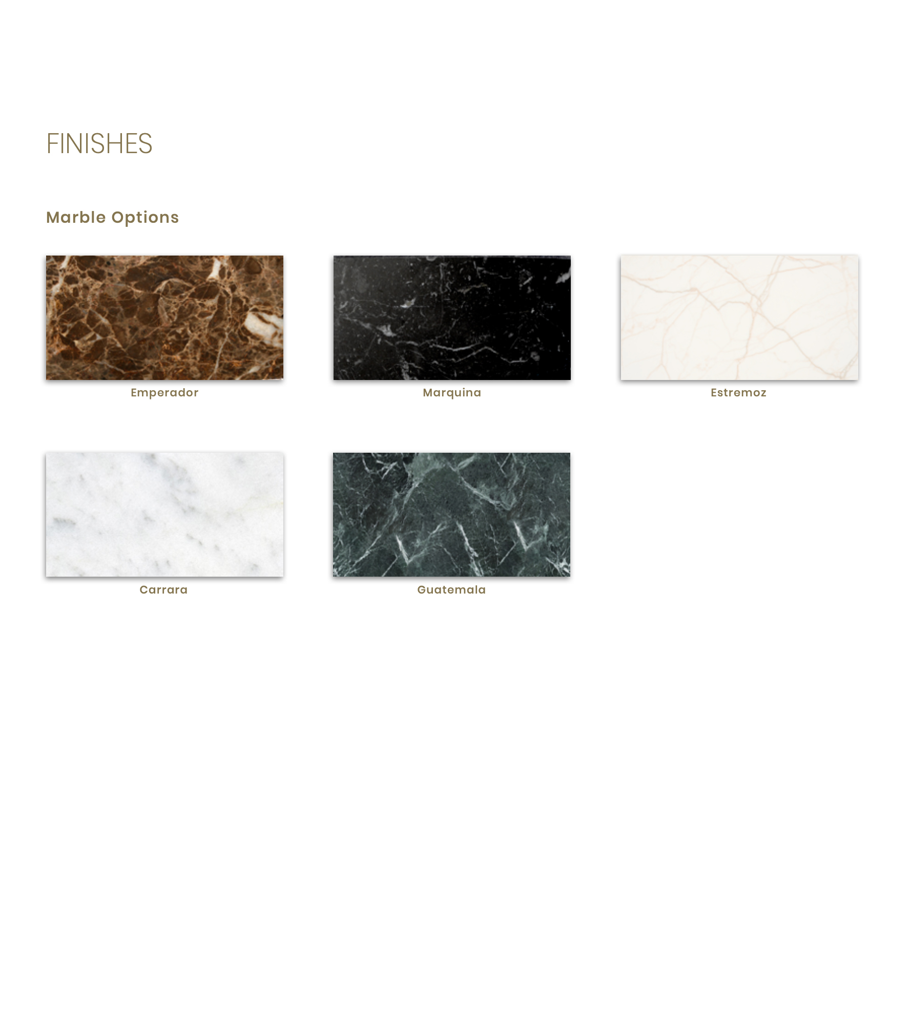 Luxury Marble Floor Lamp A display showcasing the luxurious finish options for the Luxury Marble Floor Lamp features five distinguished marble types: Emperador (brown), Marquina (black), Estremoz (white), Carrara (light grey with subtle veining), and Guatemala (dark green). Each unique finish is presented as a rectangular sample.