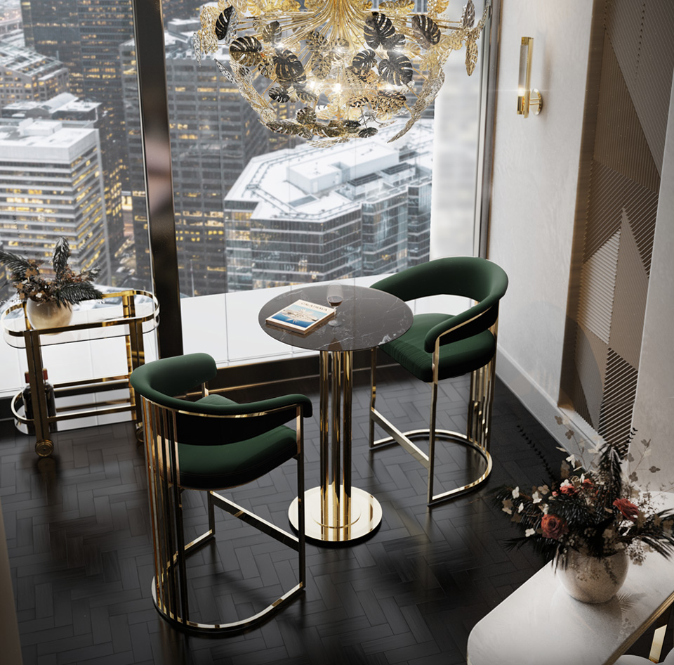 Modern Art Deco Style Curved Bar Stool A luxurious dining setup in a high-rise apartment featuring a small black and gold table with two green and gold chairs, a stylish chandelier, and a cityscape view through large windows. A small bar cart with Modern Art Deco Style Curved Bar Stool and floral arrangements accent the elegant decor.