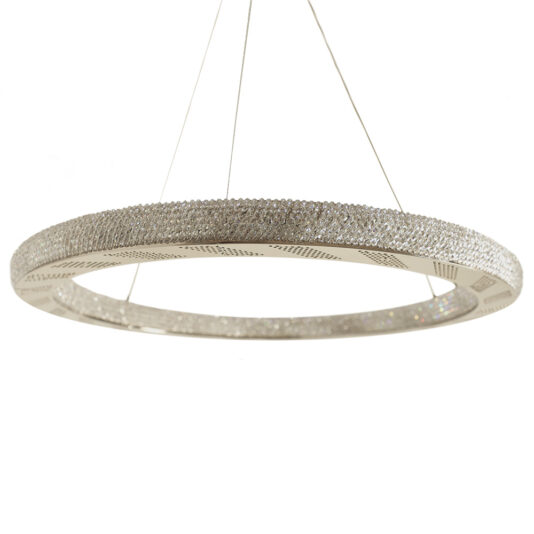 Modern Crystal Hoop Chandelier A sleek, circular crystal chandelier suspended by nearly invisible thin wires, the Modern Crystal Hoop Chandelier boasts a rim adorned with numerous sparkling crystals, exuding luxury and elegance.