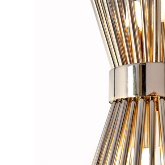 Modern Gold Plated Pendant Light Close-up of the Modern Gold Plated Pendant Light, featuring numerous metallic rods radiating from a central point. The polished, reflective rods contribute to a sleek, contemporary aesthetic. The central fixture boasts a shiny, metallic finish against a plain white background.