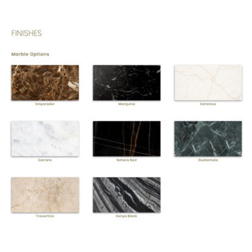 A stunning image features eight distinct types of marble finishes labeled as part of the Modern Marble Round Coffee Table collection: Emperador (brown with white veins), Marquina (black with white veins), Estremoz (white with light brown veins), Carrara (white with grey veins), Sahara Noir (black with orange veins), Guatemala (dark green with veins), Travertino (beige with faint veins), and Kenya Black (black with white veins). Perfect.