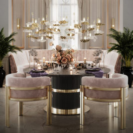 how to welcome spring into your home: pastel coloured chairs around a table with floral centrepiece.