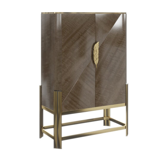 Introducing the Veneer Drinks Cabinet With Feather Handle, showcasing a glossy finish with intricate geometric patterns adorning the doors. This cabinet features a stunning gold-colored feather-shaped handle and stands elegantly on a sleek, gold-colored metal frame with a rectangular open base.