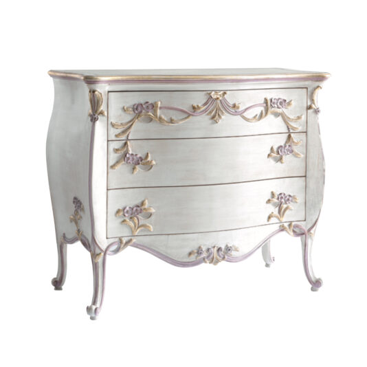 Carved Italian Chest Of Drawers The Carved Italian Chest Of Drawers features an ornate, vintage-style design with a distressed white finish. It boasts a curved front and four drawers, each adorned with intricate floral carvings and gold accents. The dresser stands elegantly on four slender, curved legs.