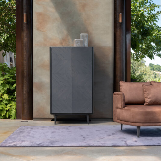 Contemporary Ash Veneer Tall Cabinet A modern living room showcases a sleek, dark gray Contemporary Ash Veneer Tall Cabinet with two transparent vases on top. Beside the contemporary cabinet is a brown sofa, and a light purple rug lies on the floor. Large windows reveal lush greenery and blue skies outside.