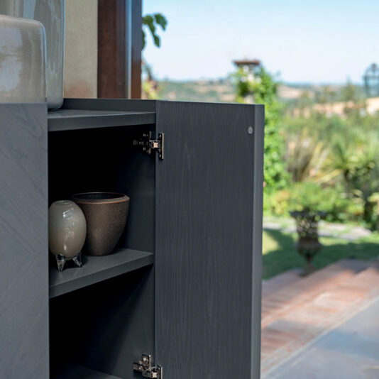 Contemporary Ash Veneer Tall Cabinet The Contemporary Ash Veneer Tall Cabinet in dark gray stands with its door open, showcasing two shelves. The top shelf features a dark ceramic vase alongside a light-colored decorative piece. In the background, a sunny day reveals lush greenery and a glimpse of the patio.