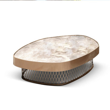 Contemporary Low Marble Coffee Table The Contemporary Low Marble Coffee Table features a polished, irregular-shaped marble top and a bronze geometric metal base, seamlessly combining sleek marble with an airy design.