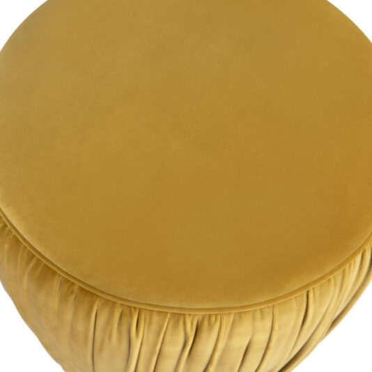 A top-down view of the Ruched Pouffe With Gold Plated Base showcases its round, mustard yellow velvet surface, pleated detailing around the sides, and luxurious gold-plated base. The soft and plush fabric adds a stylish and comfortable touch to any room.