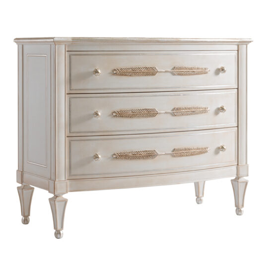 The Classic Feather Design Chest Of Drawers is a timeless piece, boasting a classic white wooden exterior with three compartments. Its ornate feather-shaped handles, slightly distressed finish, four tapered legs, and recessed side panels all contribute to its elegant design.