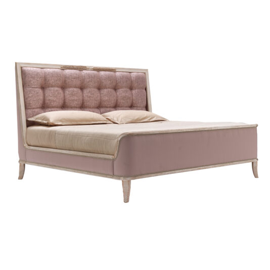 The Feather Design Button Upholstered Sleigh Bed showcases a contemporary look with its button-tufted, light pink fabric upholstery. The bed frame and sides are padded and covered in the same matching pink fabric, complemented by light-colored linens. Elevated on four legs, this bed presents a stylish silhouette.