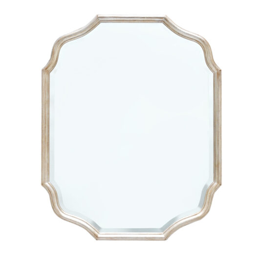 Introducing the Curved Italian Wall Mirror: An elegant, frameless Italian wall mirror with an octagonal shape. The mirror features a beveled edge and subtle detailing on the corners, giving it a refined, decorative appearance. Its clear and reflective surface adds sophistication to any room.