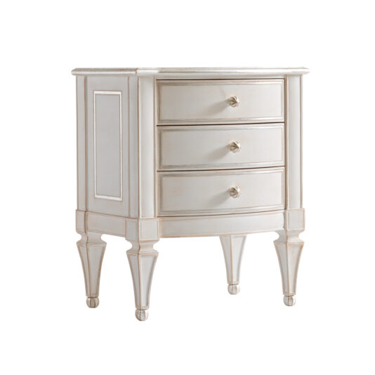 High End 3 Drawer Bedside Cabinet Introducing the High End 3 Drawer Bedside Cabinet: a small, elegant white wooden dresser featuring three drawers with single round knobs. This sophisticated piece boasts beveled edges and intricate leg carvings, giving it a vintage and high-end appeal.