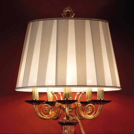 A close-up of the Candelabra Style Amber And Blue Glass Table Lamp showcases its ornate design with a cream pleated lampshade. The gold base, adorned with intricate detailing and amber and blue glass accents, supports several candle-like light bulbs arranged in a circular pattern, casting warm light against a rich red background.