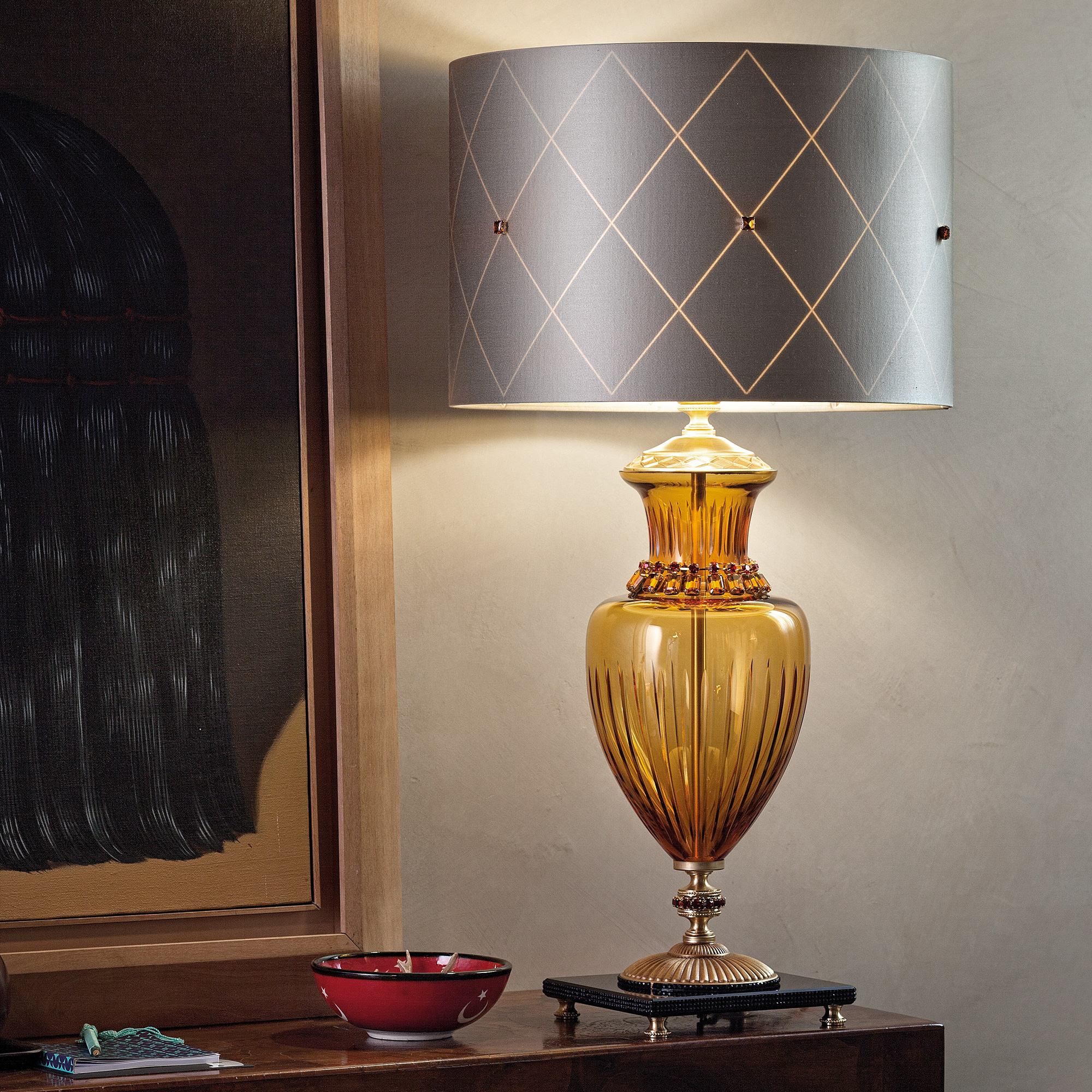 Classic Amber Glass Table Lamp With Amber Stones