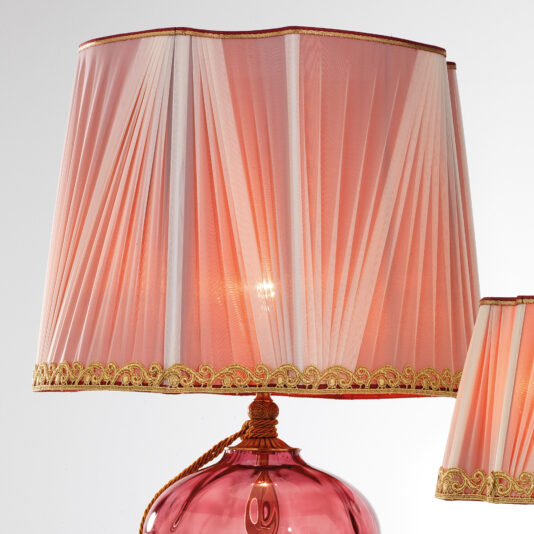 A close-up of the Classic Dimpled Rose Glass Table Lamp, showcasing its dappled pink glass base and woven fabric shade adorned with intricate gold trim along the top and bottom edges. In the background, a smaller lamp with a similar design is partially visible.