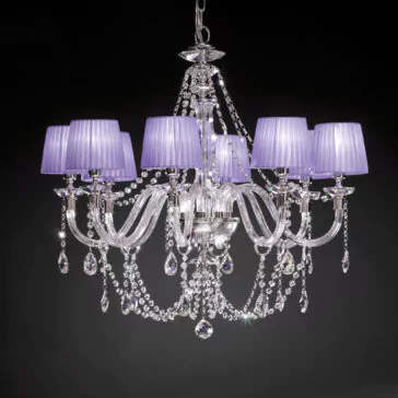 Clear Glass Chandelier With Pleated Shades The Clear Glass Chandelier With Pleated Shades is a luxurious lighting fixture with multiple arms adorned with hanging crystal beads and teardrop-shaped ornaments. It features eight lamps, each topped with a soft purple pleated lampshade, set against a dark background, emitting an elegant and sophisticated glow.