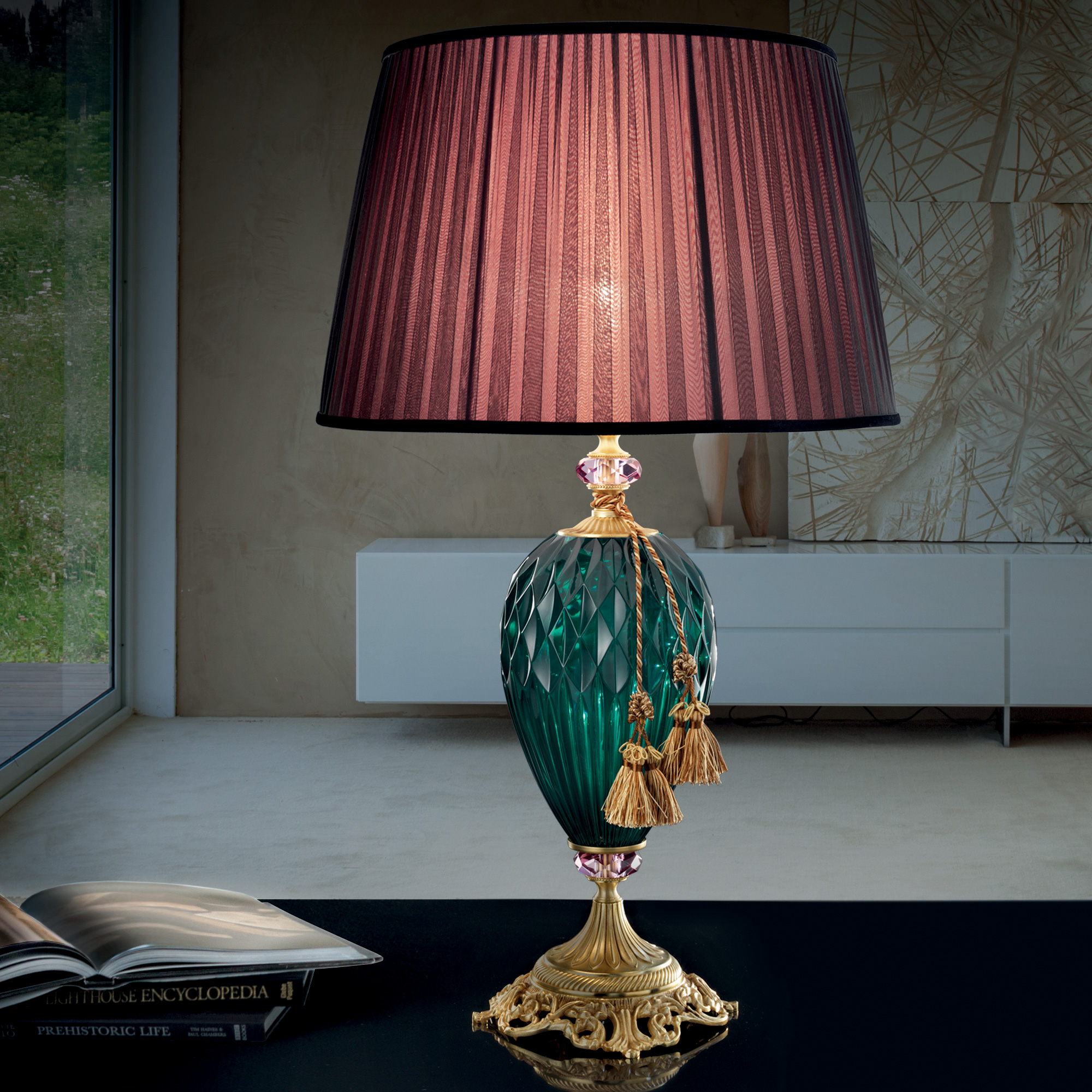 Diamond Faceted Green Glass Table Lamp
