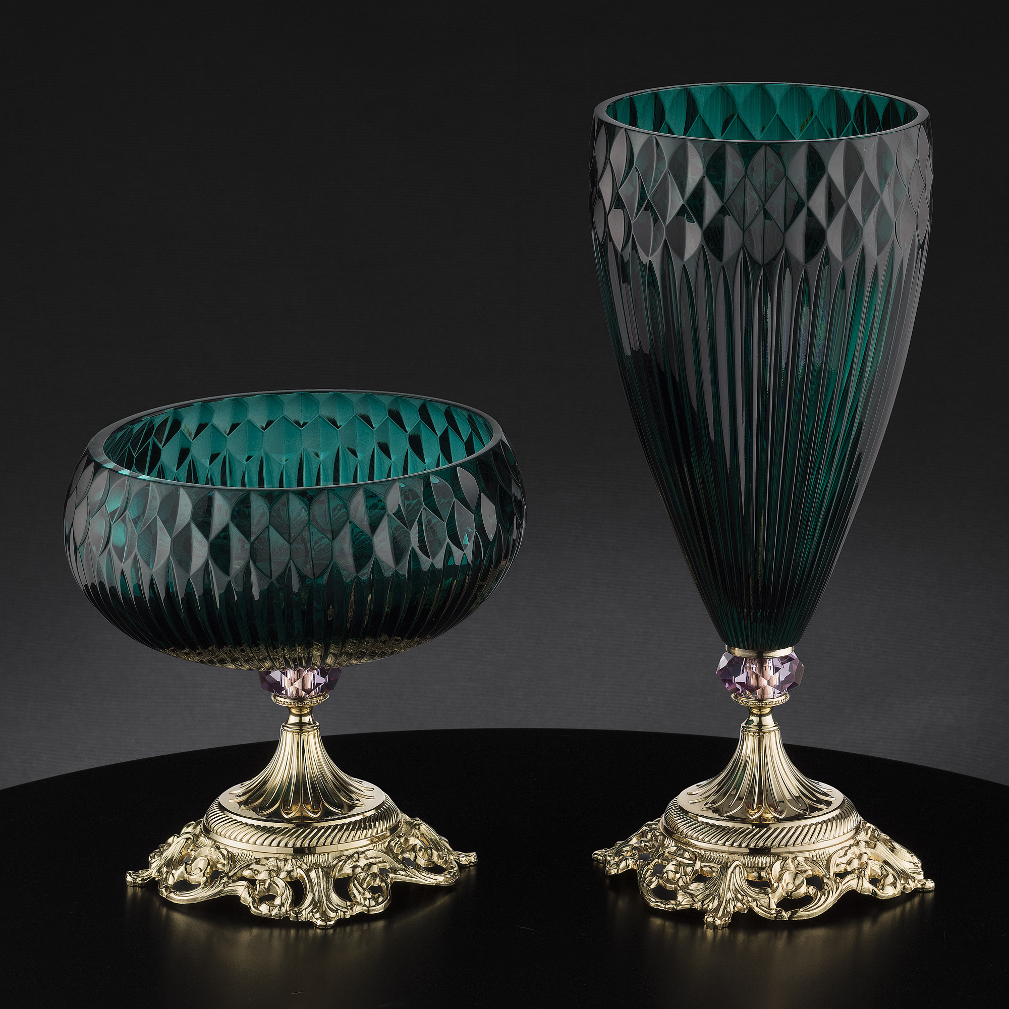 Diamond Faceted Green Glass Vase And Bowl
