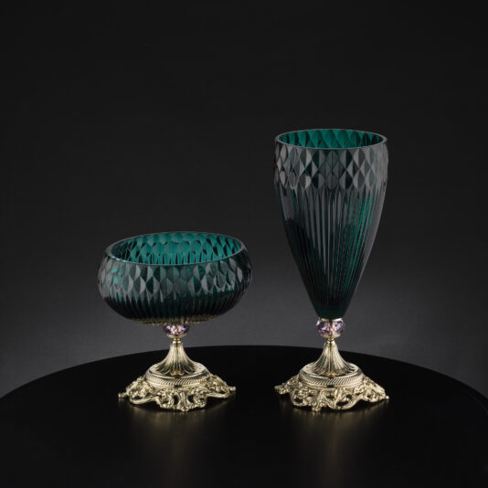 Diamond Faceted Green Glass Vase And Bowl The