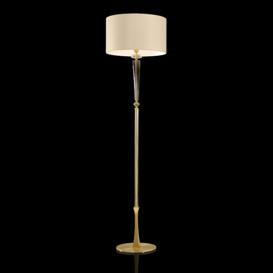 Product Description: The Elegant Glass Floor Lamp boasts a sleek, modern design with a beige cylindrical lampshade. It features a slender metal stand that incorporates a transparent segment near the top, all anchored by a circular, golden base. The elegant aesthetic of this lamp evokes the charm of an exquisite glass table lamp, making it stand out beautifully against a solid black background.