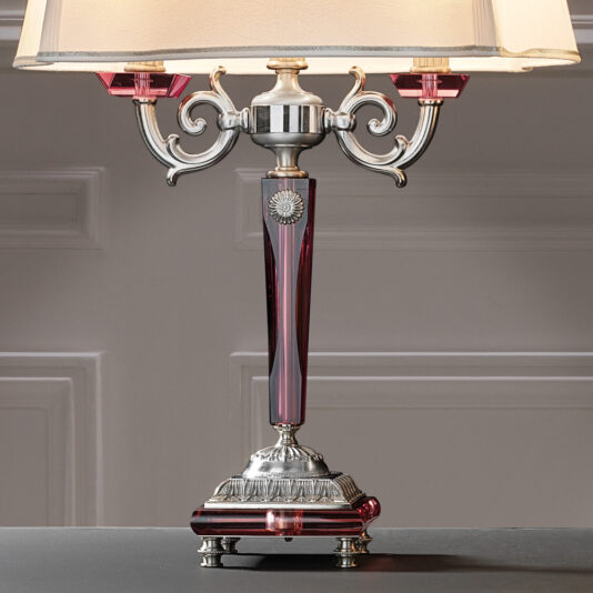High End Antique Rose Glass Table Lamp The High End Antique Rose Glass Table Lamp boasts a sophisticated vintage design, with a silver base and stem adorned with intricate details. Featuring two gracefully curved arms that support elegant lampshades, the stem is further enhanced by dark red, crystal-like accents. Against a backdrop of a simple white wainscoted wall, this lamp stands out as an exquisite piece of decor.