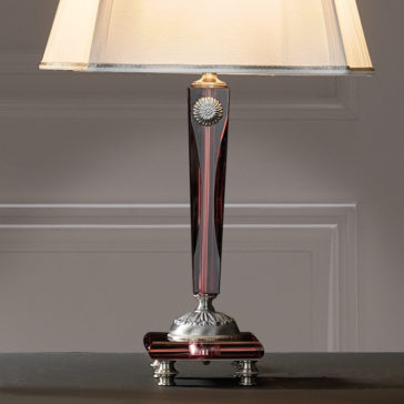 High End Antique Rose Glass Table Lamp The High End Antique Rose Glass Table Lamp features a rectangular, dark red transparent base adorned with ornate silver accents. It stands on a small platform supported by four feet. The classic beige lampshade slightly flares upwards, all set against a simple, white paneled wall.