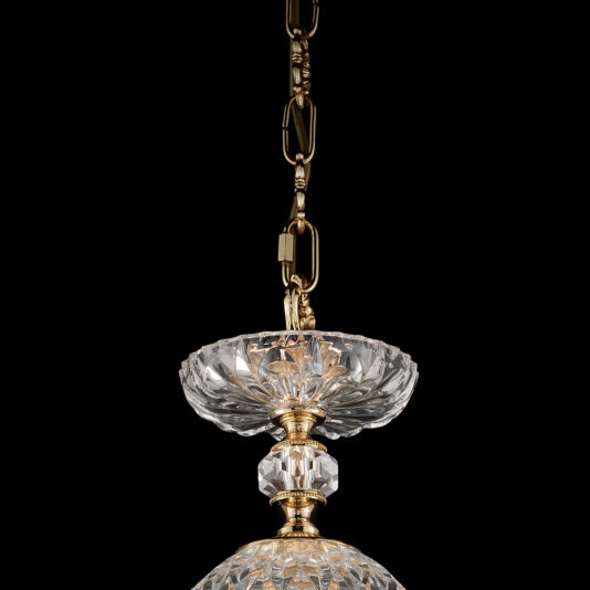 A close-up view of the Luxury Faceted Blown Glass Chandelier showcases its intricate faceted blown glass and gold-toned metal detailing. The chandelier hangs from a decorative chain against a black background, highlighting its elegant design and craftsmanship.