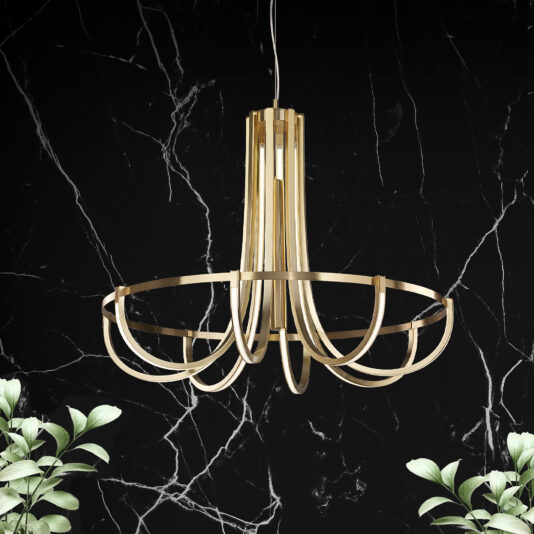 The Modern Sculptural Chandelier In A Gold Finish, with its multiple curved arms, hangs from the ceiling against a sleek black marble background. Two green plants are positioned on either side at the bottom of the image.