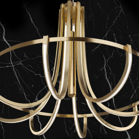 The Modern Sculptural Chandelier In A Gold Finish features curved, sleek arms set against a black marble background with white veining, showcasing an elegant, minimalist aesthetic.