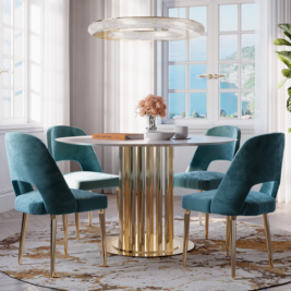 colour psychology - modern round dining table with blue chairs
