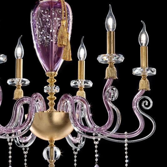 Introducing the Contemporary Candle Style Glass Chandelier, this piece boasts intricate, swirling purple glass arms and luxurious gold accents. It features modern candle-shaped light bulbs and is adorned with decorative crystal ornaments, all elegantly set against a black background.