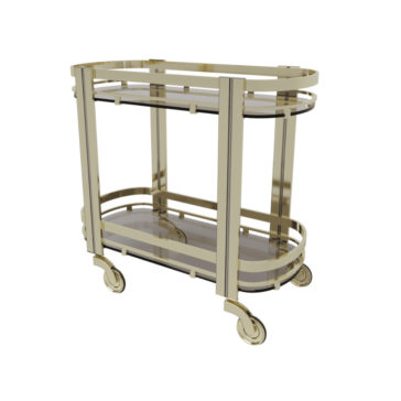The Contemporary Curved Drinks Trolley, with its gold-colored, two-tiered design, complements any setting. This sleek and modern bar cart features two glass shelves, vertical support bars, and four caster wheels for easy mobility—a perfect match for your contemporary velvet bar stool.