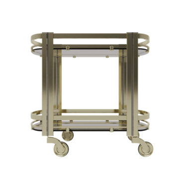 The Contemporary Curved Drinks Trolley is a gold-colored bar cart with a rectangular shape and two glass shelves. It features rounded heme-shaped corners and four caster wheels for easy mobility. Its design seamlessly blends horizontal and vertical metal elements, making it the perfect match for pairing with a contemporary velvet bar stool.