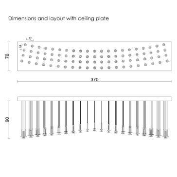 A technical drawing of the Contemporary Spotlight Arch Chandelier's ceiling plate with precise measurements. The top view depicts the plate as a rectangle with a dotted pattern, symbolizing its unique arch chandelier design. The dimensions are 370 mm in length and 70 mm in width. The side view shows hanging elements extending 90 mm downward from the contemporary spotlight plate.