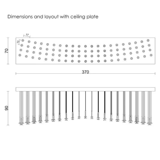 A technical drawing of the Contemporary Spotlight Arch Chandelier's ceiling plate with precise measurements. The top view depicts the plate as a rectangle with a dotted pattern, symbolizing its unique arch chandelier design. The dimensions are 370 mm in length and 70 mm in width. The side view shows hanging elements extending 90 mm downward from the contemporary spotlight plate.