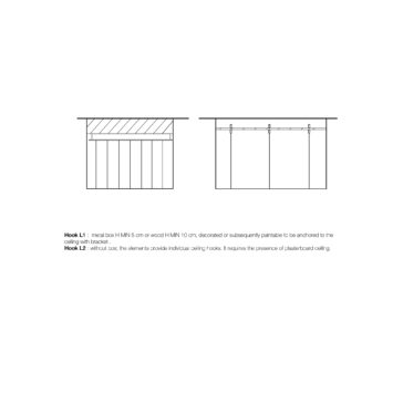 A black and white diagram displays two side-by-side illustrations of ceiling hooks. Hook L1 is connected to a horizontal rectangular box, whereas Hook L2 is mounted directly on the ceiling. Notes provide information about their dimensions and details, making them suitable for installing the Contemporary Spotlight Arch Chandelier.