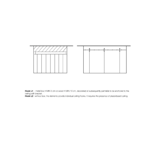 A black and white diagram displays two side-by-side illustrations of ceiling hooks. Hook L1 is connected to a horizontal rectangular box, whereas Hook L2 is mounted directly on the ceiling. Notes provide information about their dimensions and details, making them suitable for installing the Contemporary Spotlight Arch Chandelier.