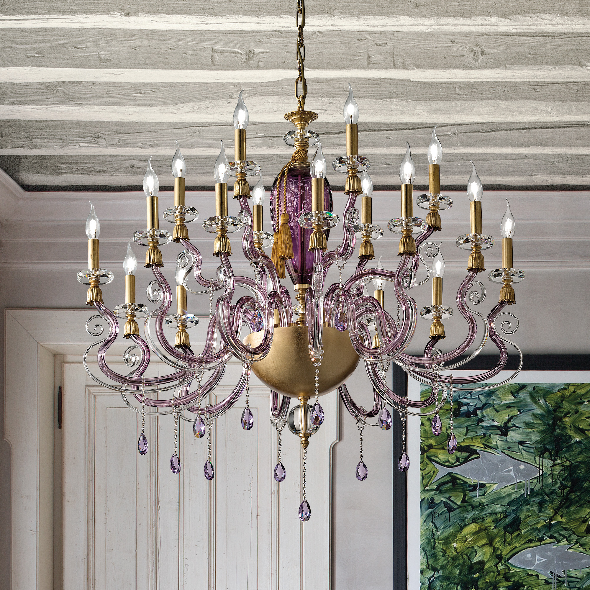 Large Contemporary Candle Style Glass Chandelier