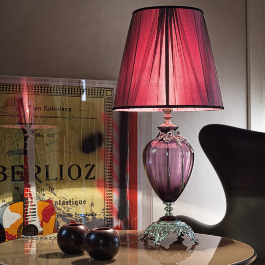 A Large Ornate Jewelled Glass Table Lamp with a red lampshade sits on a wooden surface next to two black spherical objects. In the background, a framed vintage poster featuring musical notes and instrument illustrations is partially visible.