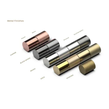 A display of cylindrical objects in metal finishes like plated/matte copper, black nickel, nickel, gold, brushed gold, oxidized, and brushed matte. Ideal accents to pair with a Contemporary Teal Dining Chair for a chic modern setting.