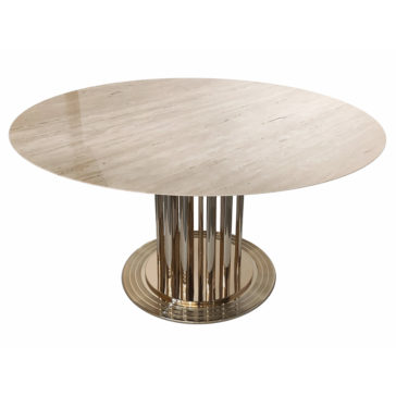 The Modern Round Marble Dining Table features a smooth, light beige marble surface. It is elegantly supported by a cylindrical base composed of multiple vertical, shiny golden rods and finished with a circular golden base at the bottom, embodying a contemporary and elegant design.