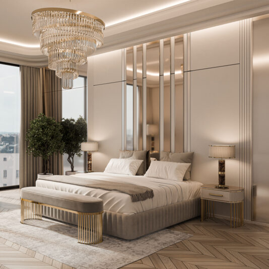 A luxurious bedroom boasts a large bed with white linens, elegant bedside tables with lamps, a grand chandelier above, and a tall potted plant for greenery. The modern decor in warm neutrals is completed by the Contemporary Art Deco Style Bench.