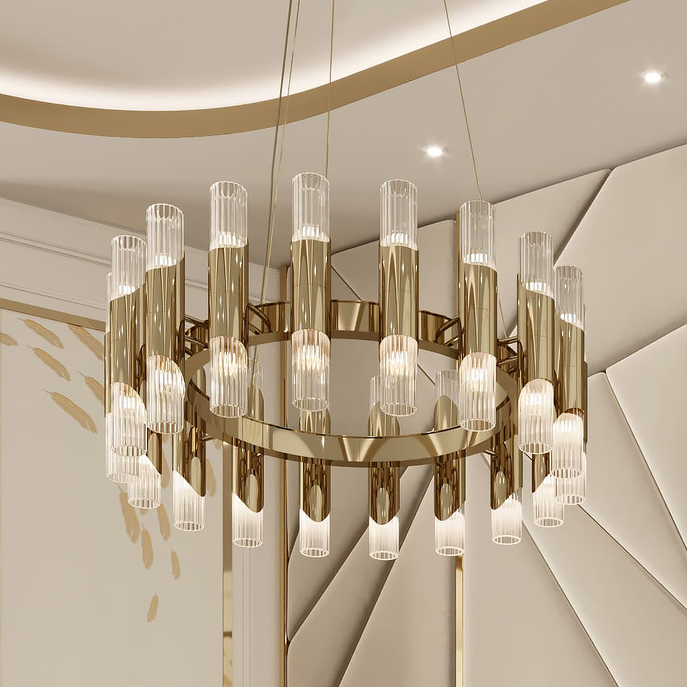 Contemporary Chandelier With Engraved Glass Flutes