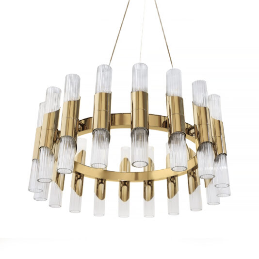 The Contemporary Chandelier With Engraved Glass Flutes showcases a circular gold frame with two tiers of vertical, engraved glass flutes. Its partially transparent and ribbed design offers a stylish and sophisticated lighting fixture.
